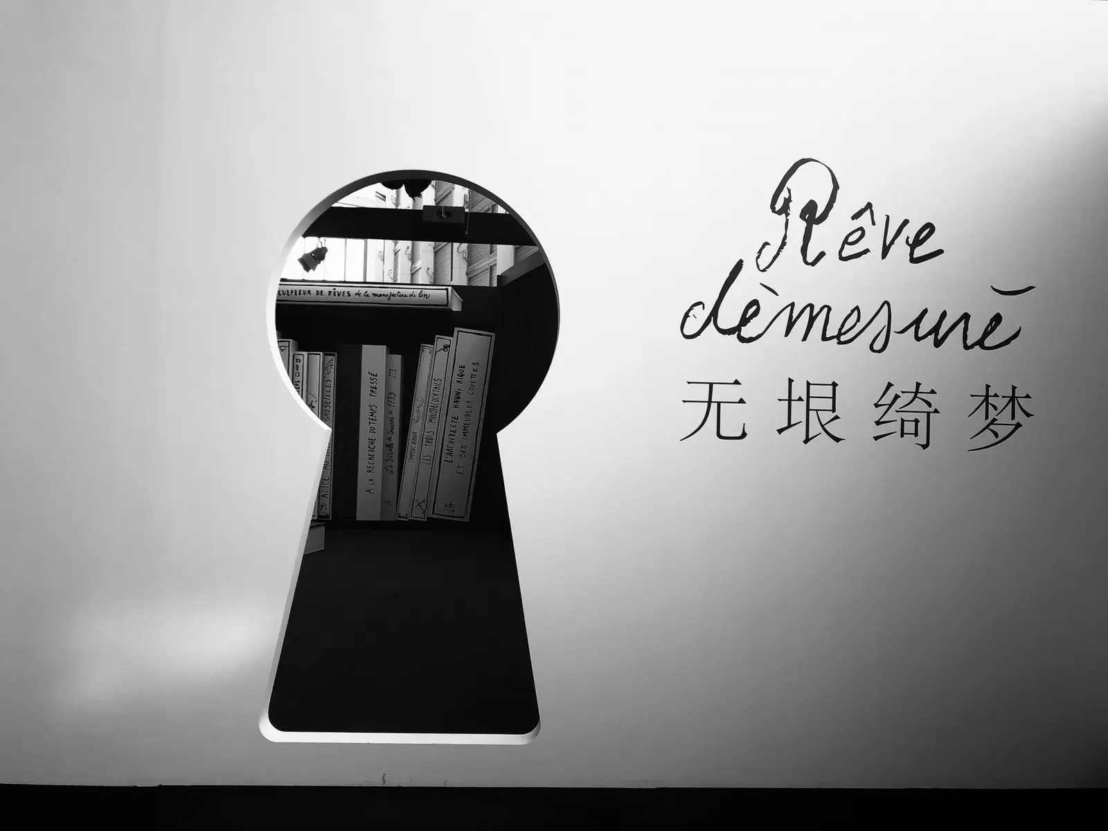 Un mur blanc percé d'une serrure géante laisse voir des étagères de livres ; à côté, l'inscription « Rêve démesuré » en français et en chinois.